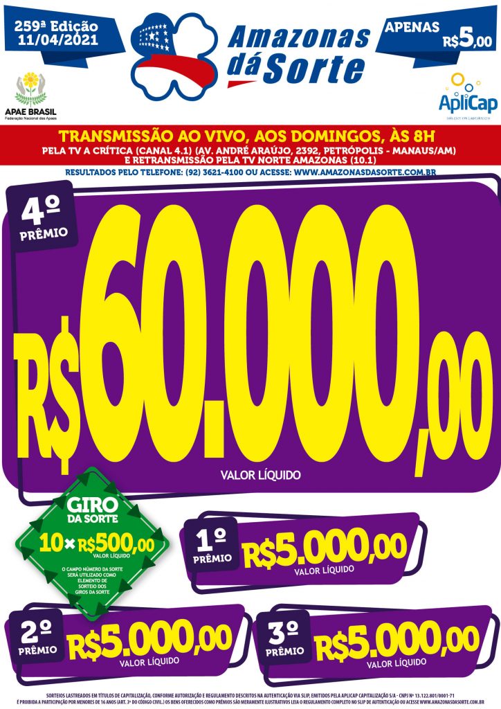 Bilhete com prêmios do próximo sorteio do Amazonas da Sorte
